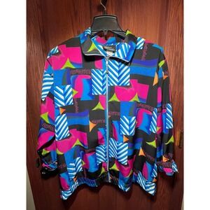 VTG 80s 90s Silver Threads Ltd Geometric Print Zip Up Jacket Retro Oversized Med